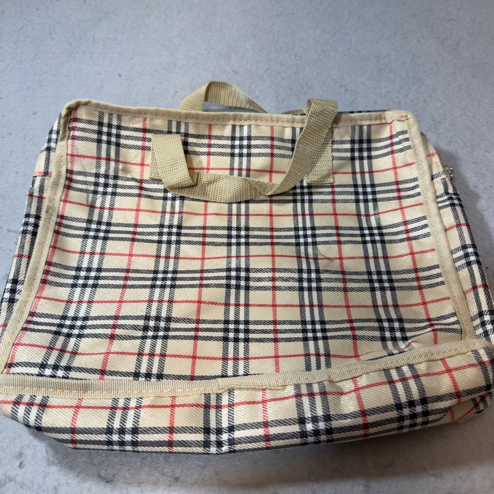 Vintage Style Plaid Check‎ Tote Bag Beige Red Black Zippered Handbag Utility